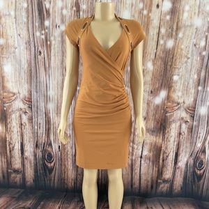 Carmen Marc Valvo Women's Size M Medium Asymmetrical Dress Ruched Side Brown